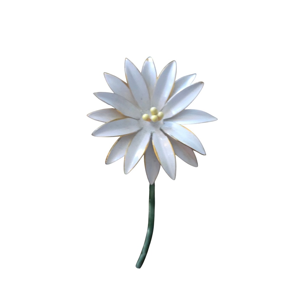 Vintage Signed Sandor Mid century‎ Enamel White Daisy Pin Brooch 1950's